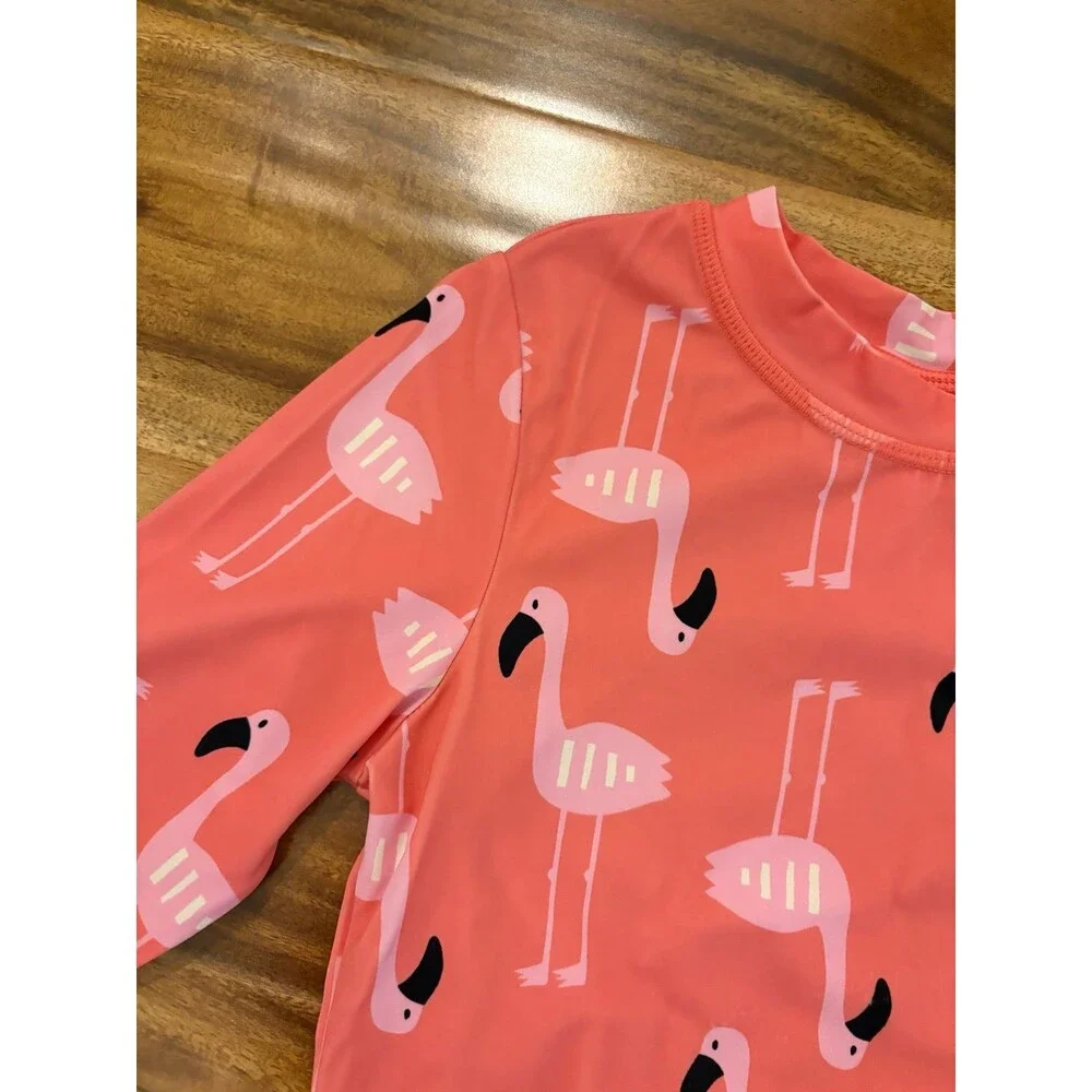 Hanna Andersson Flamingo Rashguard & RuffleButts pink seersucker bottom, Size 4T